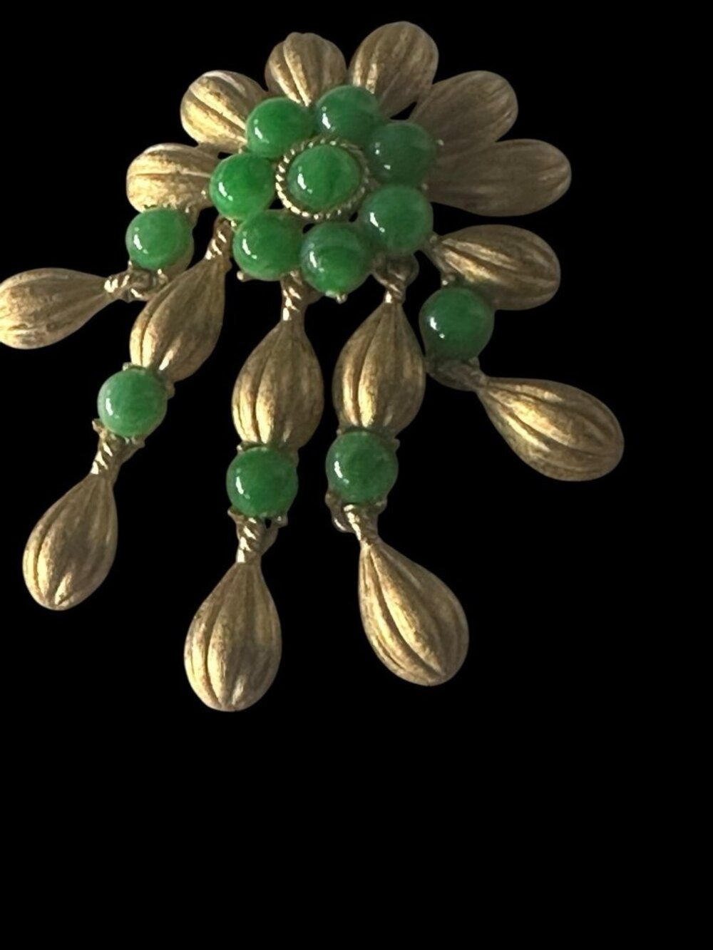 Crown Trifari Brushed Gold Tone Dangle Pin Pendant Green Cabochons Signed - Picture 5 of 10